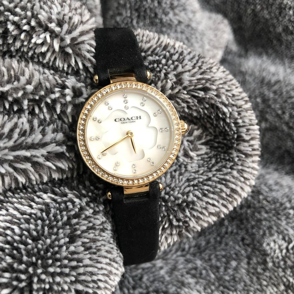 COACH Park Petite Watch Gold Stainless Steel Black Suede Strap Buckle Adjustable